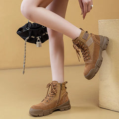 Brown Lace Up Cow Suede Ankle Boots