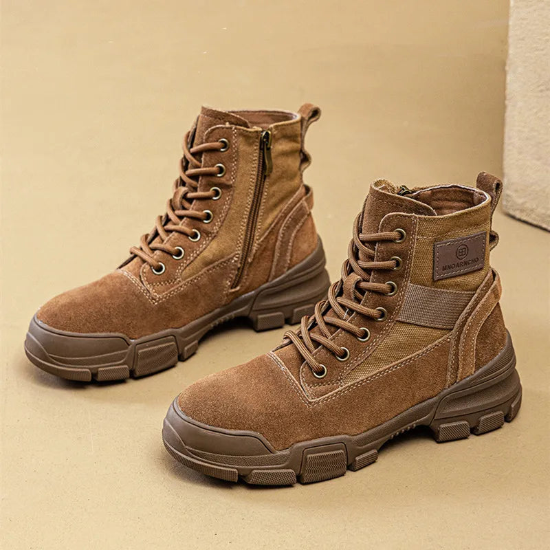 Brown Lace Up Cow Suede Ankle Boots