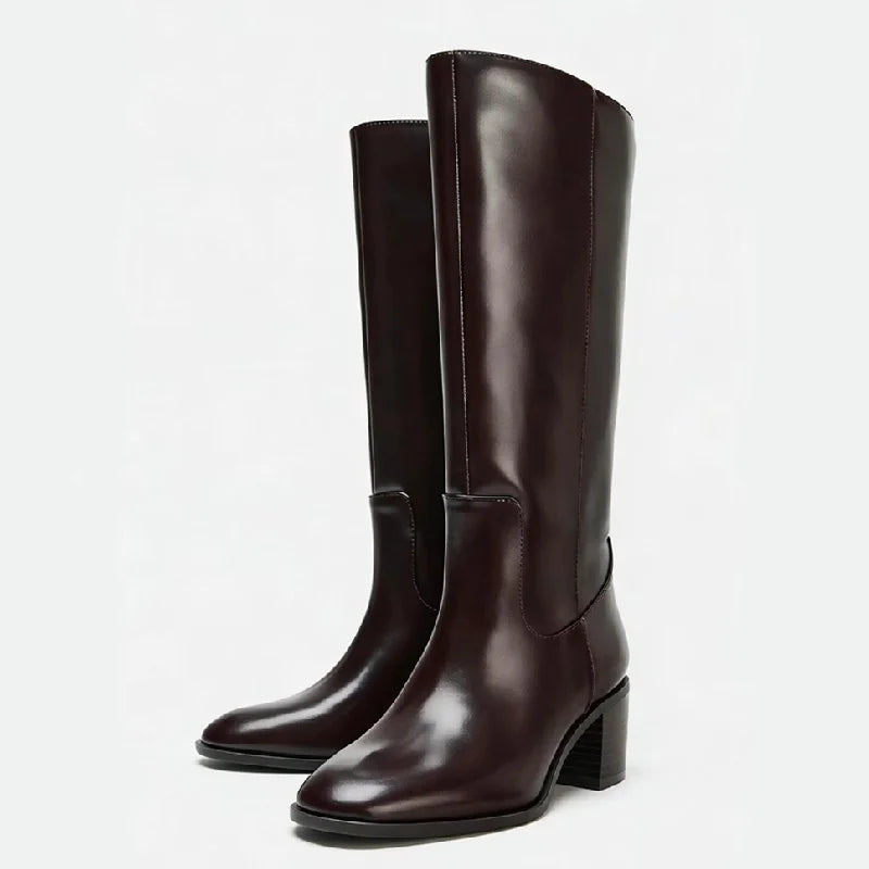 Designer Brown Chunky Root Knee High Boots