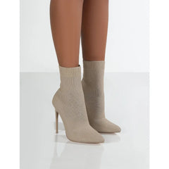 Elastic Knitted High Heel Pointed Toe Booties Mid-Calf Socks Boots