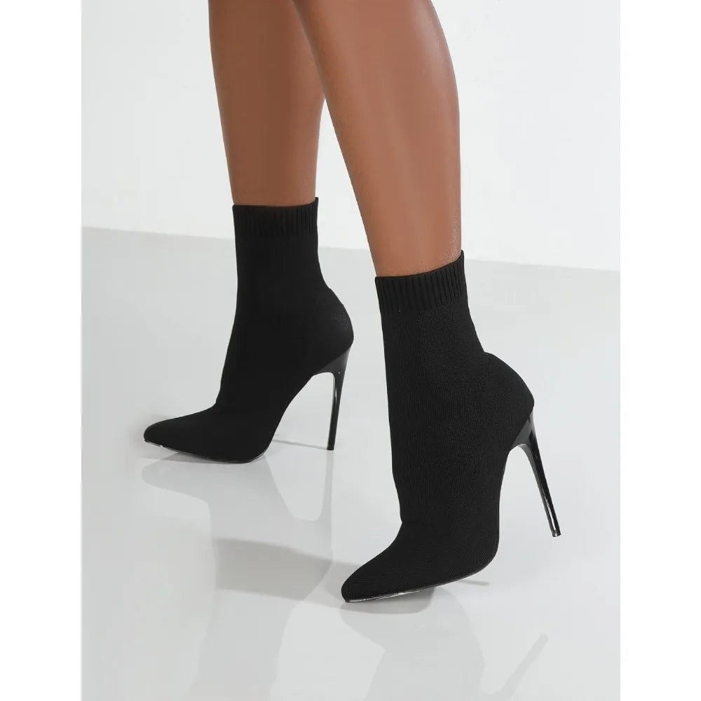 Elastic Knitted High Heel Pointed Toe Booties Mid-Calf Socks Boots