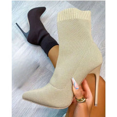 Elastic Knitted High Heel Pointed Toe Booties Mid-Calf Socks Boots