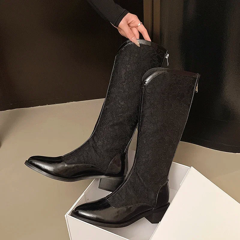 Genuine Leather Printed Pointed Toe Black Mesh Sexy and Elegant Chunky Middle Heel Side Zipper Design Boots