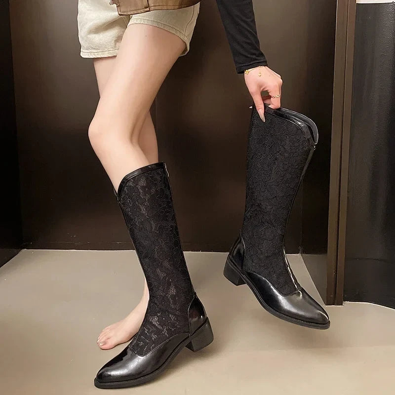 Genuine Leather Printed Pointed Toe Black Mesh Sexy and Elegant Chunky Middle Heel Side Zipper Design Boots
