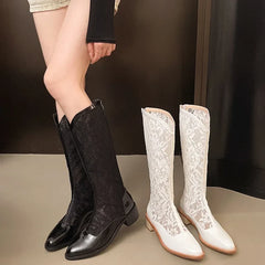 Genuine Leather Printed Pointed Toe Black Mesh Sexy and Elegant Chunky Middle Heel Side Zipper Design Boots
