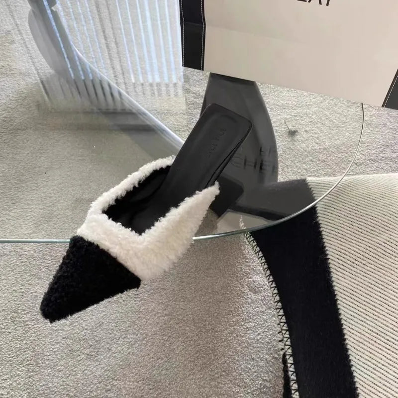 Luxury Kitten Heel Furry Mule Slides Women Sexy Slippers Ladies Pointy Toe Stiletto Plush Sandals Winter Party Shoes