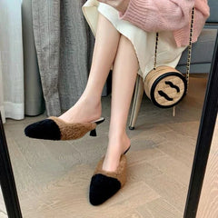 Luxury Kitten Heel Furry Mule Slides Women Sexy Slippers Ladies Pointy Toe Stiletto Plush Sandals Winter Party Shoes