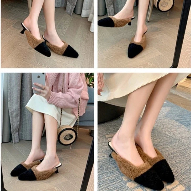 Luxury Kitten Heel Furry Mule Slides Women Sexy Slippers Ladies Pointy Toe Stiletto Plush Sandals Winter Party Shoes