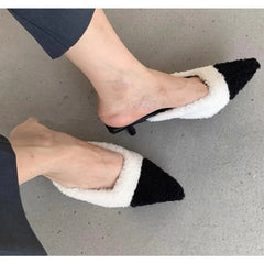 Luxury Kitten Heel Furry Mule Slides Women Sexy Slippers Ladies Pointy Toe Stiletto Plush Sandals Winter Party Shoes