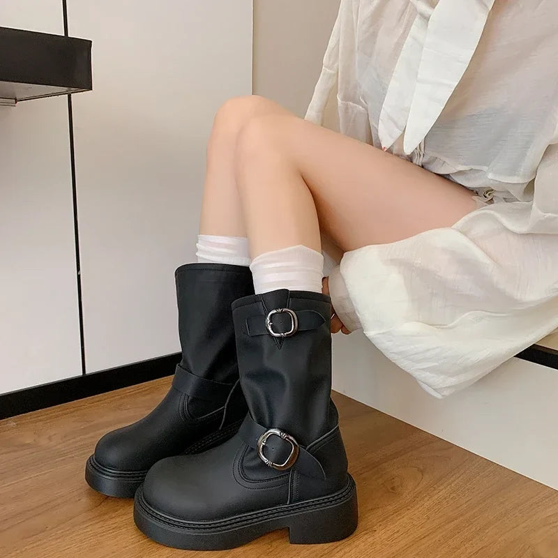 Style Women's Cow Suede Women Boot Buckle Square Toe Mid-calf Boots