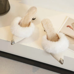 Style Women's Warm Plush Pointed Toe High Heel Winter Mules Slipper Design Thin Heels Flip Flops Pumps Zapatos Mujer