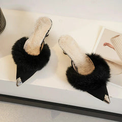 Style Women's Warm Plush Pointed Toe High Heel Winter Mules Slipper Design Thin Heels Flip Flops Pumps Zapatos Mujer