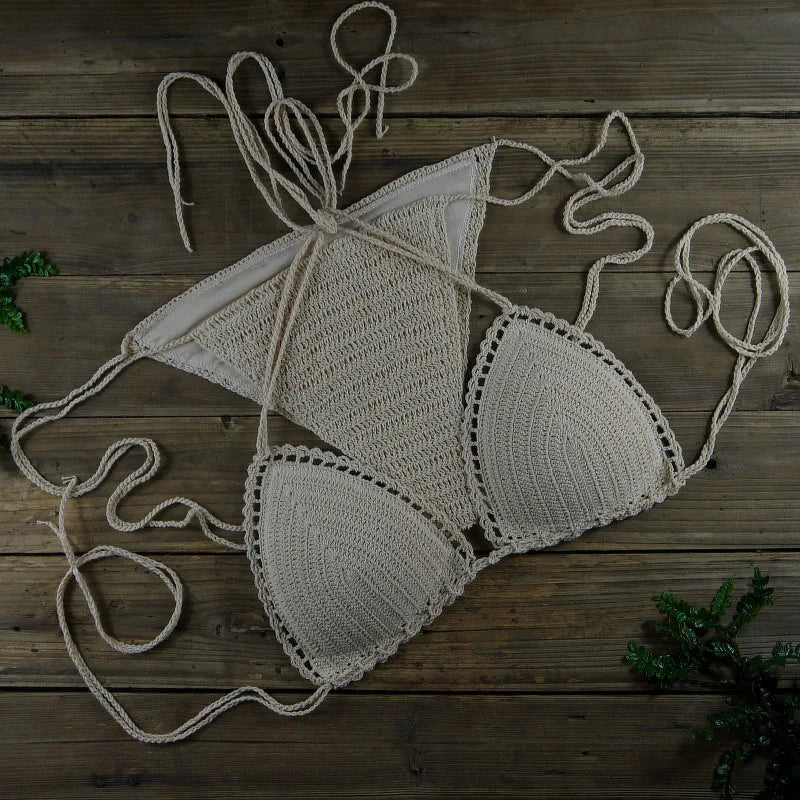 Crochet Bikini Set Boho Chic Two-Piece Swimwear Lace Up Bandage Bikini Bra Thongs Pantiess