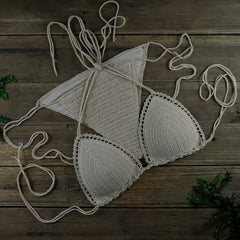 Crochet Bikini Set Boho Chic Two-Piece Swimwear Lace Up Bandage Bikini Bra Thongs Pantiess