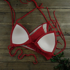 Crochet Bikini Set Boho Chic Two-Piece Swimwear Lace Up Bandage Bikini Bra Thongs Pantiess
