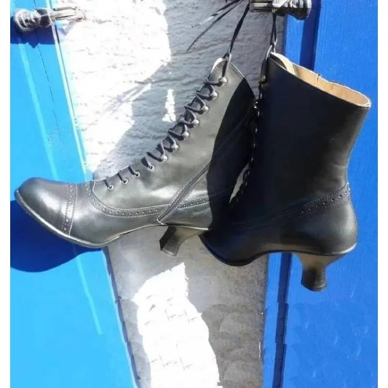 Women Short Boot PU Leather Bikerboots High Heel Pointed Toe Boots