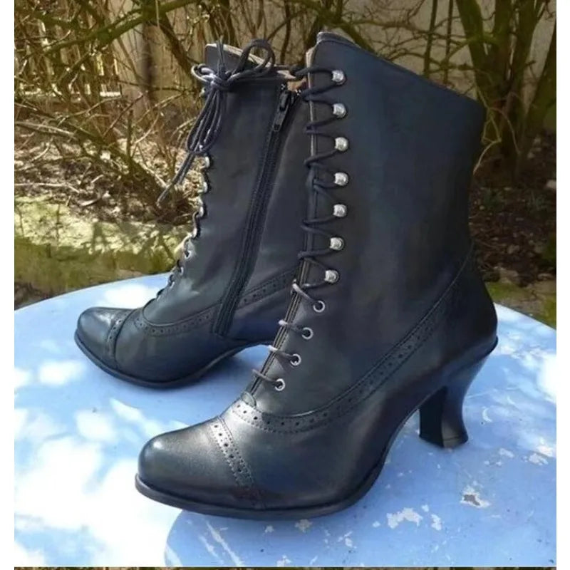 Women Short Boot PU Leather Bikerboots High Heel Pointed Toe Boots