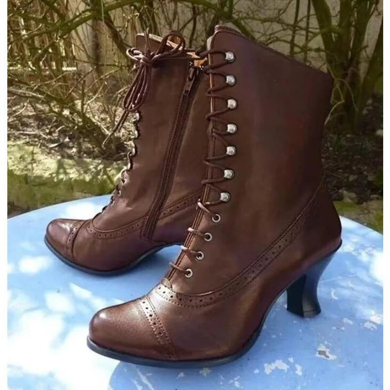 Women Short Boot PU Leather Bikerboots High Heel Pointed Toe Boots