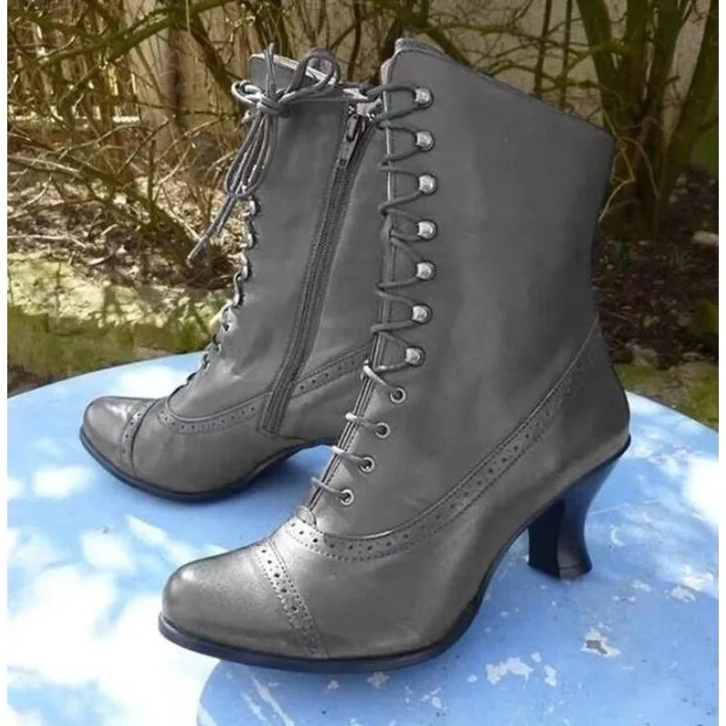 Women Short Boot PU Leather Bikerboots High Heel Pointed Toe Boots