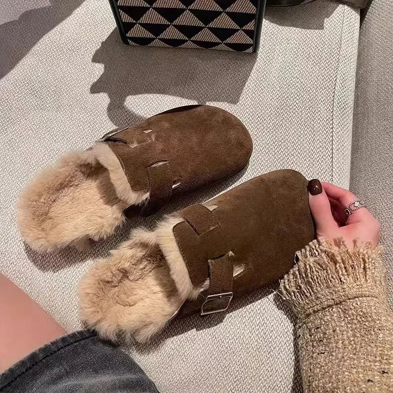 Women Slippers Fur Flats Short Plush Mules Shoes