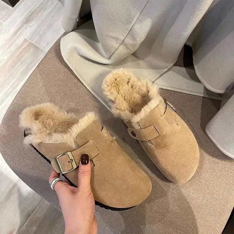 Women Slippers Fur Flats Short Plush Mules Shoes