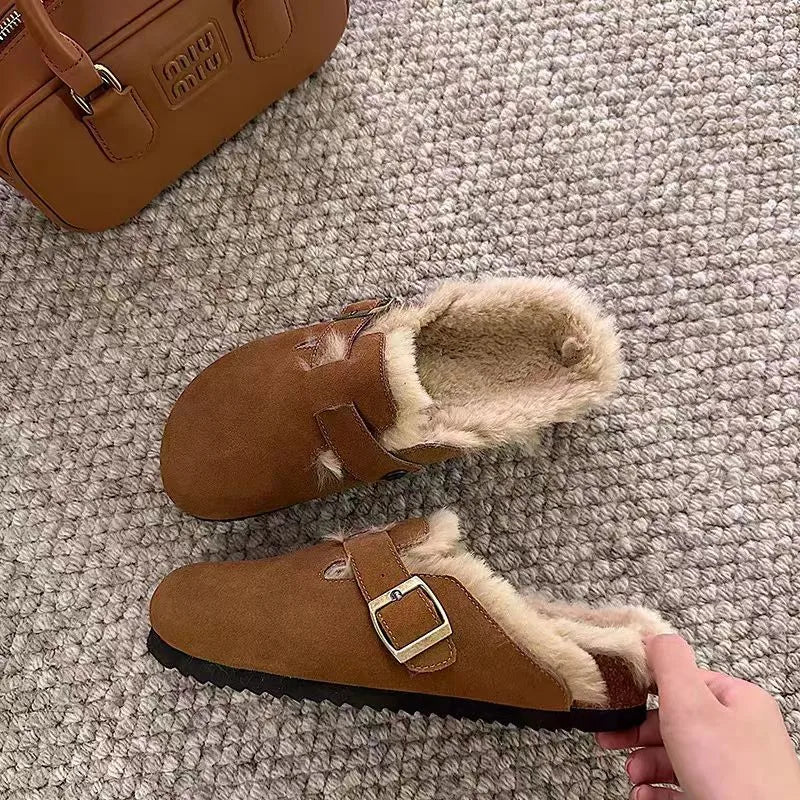 Women Slippers Fur Flats Short Plush Mules Shoes