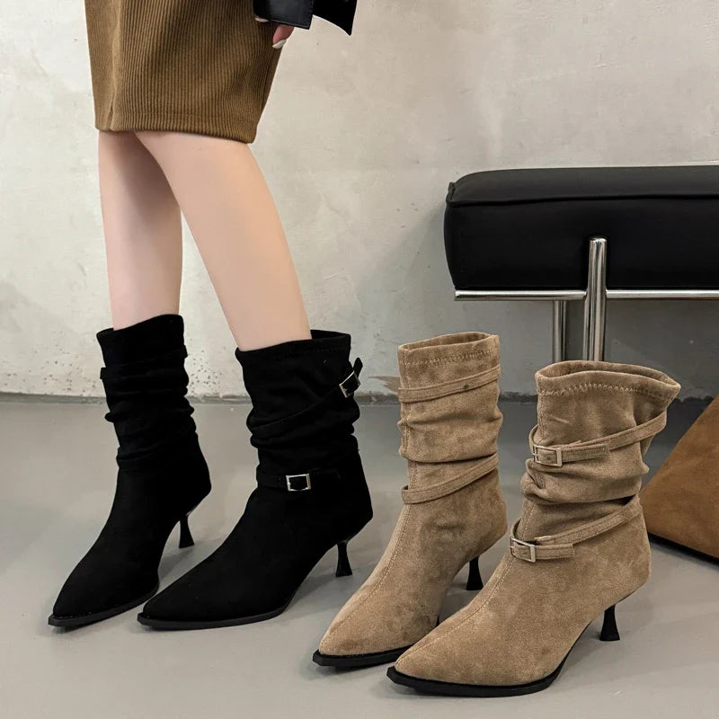 Women's Pleated Women's Knee-high High Heels Ladies Pointed Knight Boots