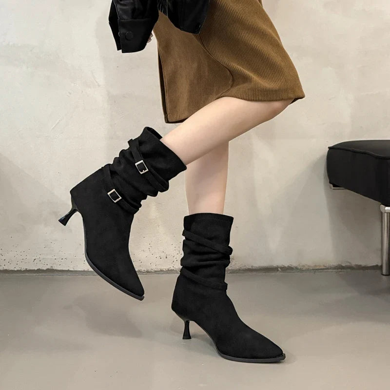 Women's Pleated Women's Knee-high High Heels Ladies Pointed Knight Boots