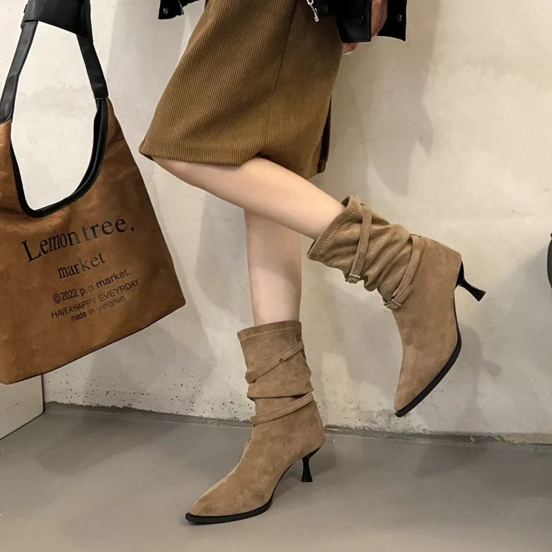 Women's Pleated Women's Knee-high High Heels Ladies Pointed Knight Boots