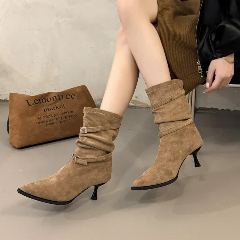 Women's Pleated Women's Knee-high High Heels Ladies Pointed Knight Boots