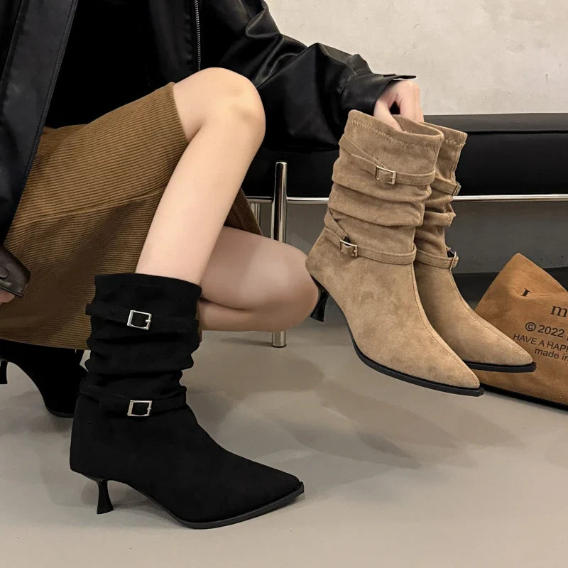 Women's Pleated Women's Knee-high High Heels Ladies Pointed Knight Boots