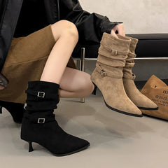Women's Pleated Women's Knee-high High Heels Ladies Pointed Knight Boots