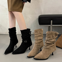 Women's Pleated Women's Knee-high High Heels Ladies Pointed Knight Boots