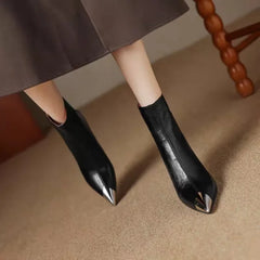 Women's Metal Pointed Toe Leather Ankle Boots