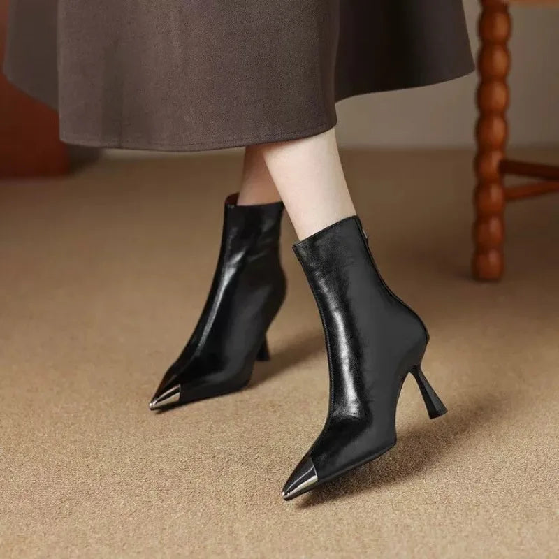 Women's Metal Pointed Toe Leather Ankle Boots