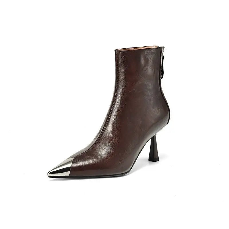 Women's Metal Pointed Toe Leather Ankle Boots