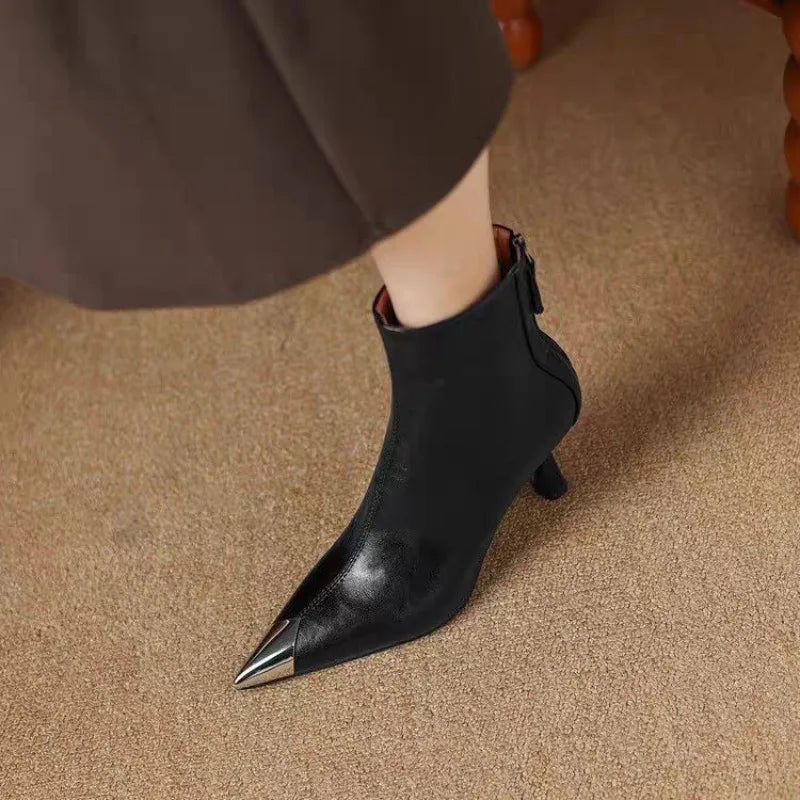 Women's Metal Pointed Toe Leather Ankle Boots