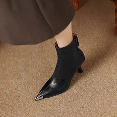 Women's Metal Pointed Toe Leather Ankle Boots