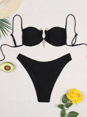Solid Color Black Micro Bikini Set Swimsuit Two Piece Set Straps Push-Up Triangle Top Cheeky Panties