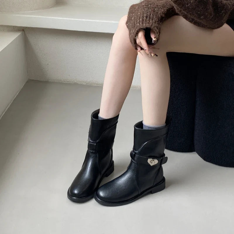 Novelty Heart Belt Buckle Embellished Ankle Boots