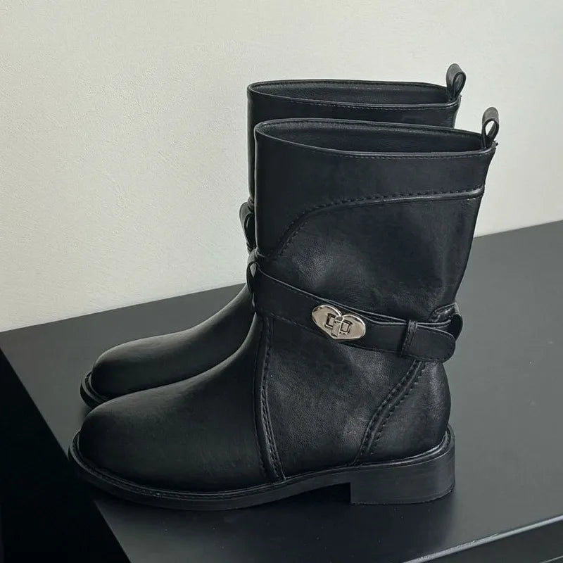 Novelty Heart Belt Buckle Embellished Ankle Boots
