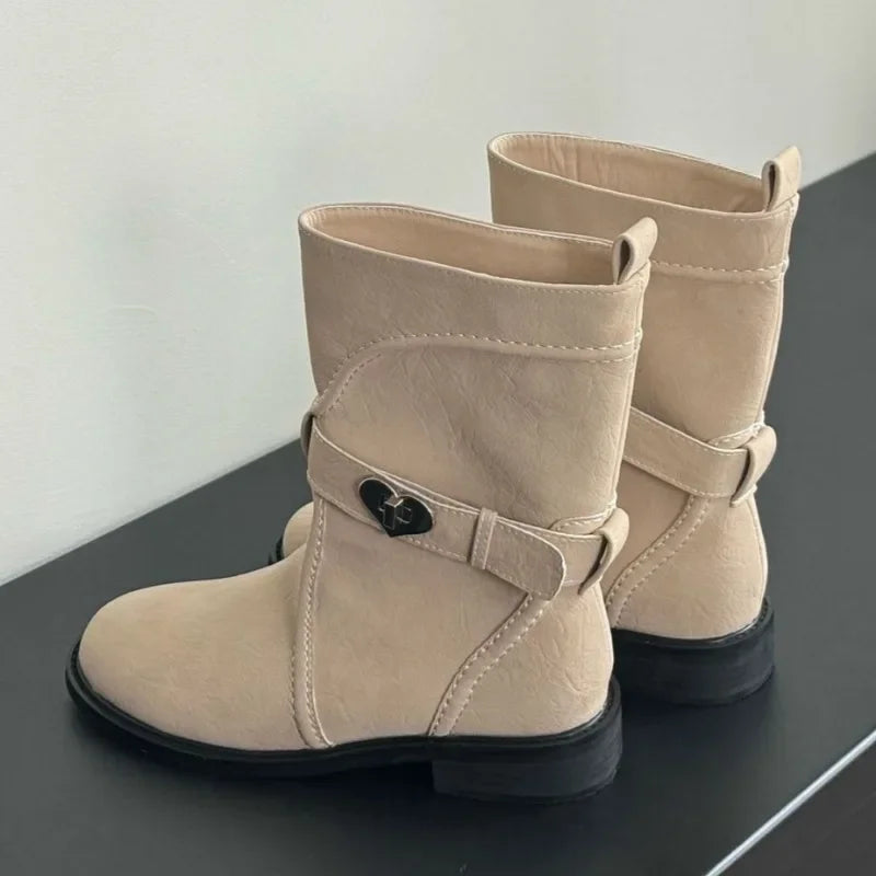 Novelty Heart Belt Buckle Embellished Ankle Boots