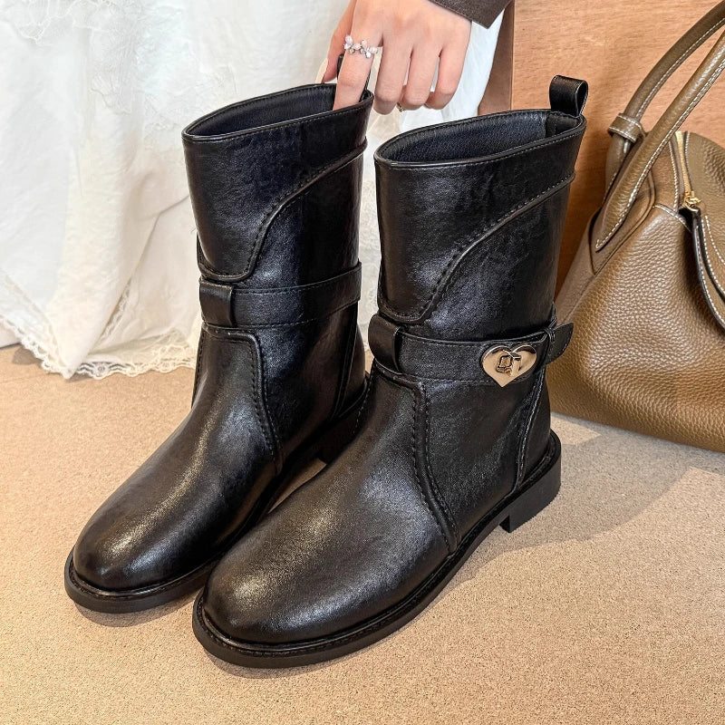 Novelty Heart Belt Buckle Embellished Ankle Boots