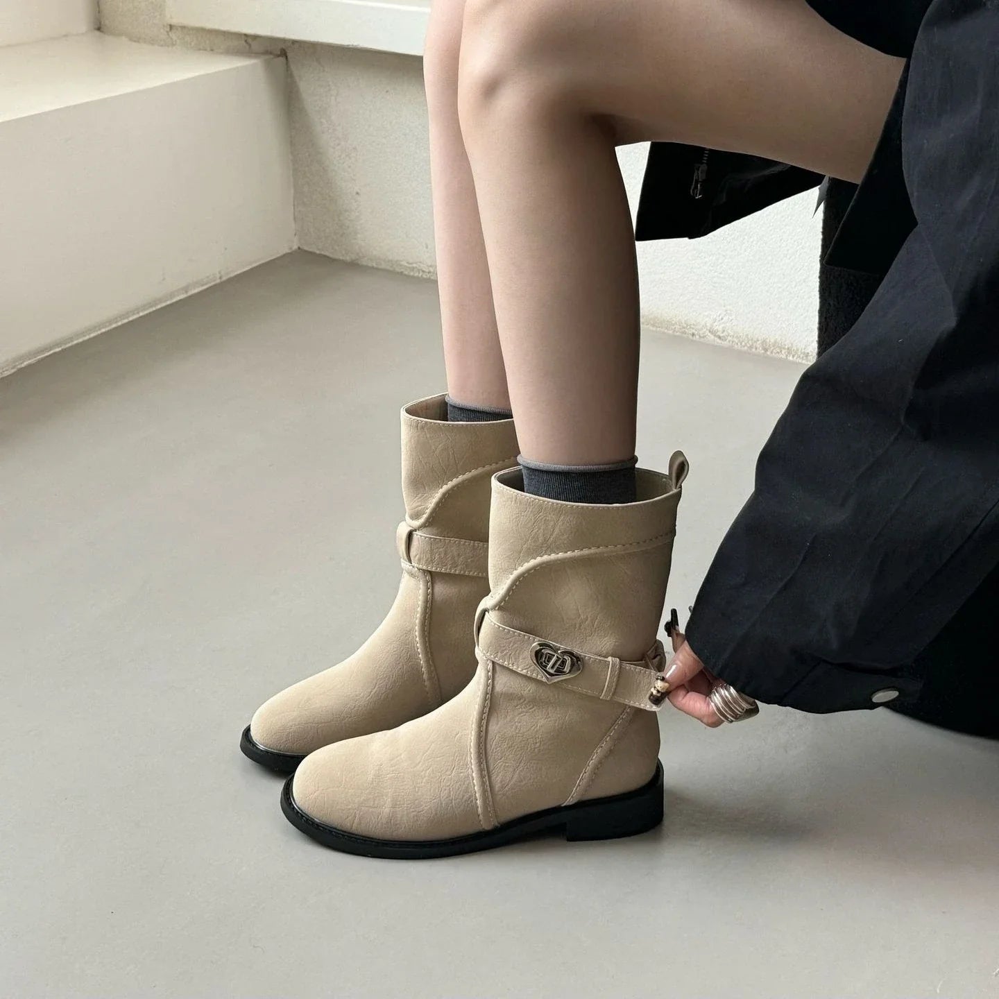 Novelty Heart Belt Buckle Embellished Ankle Boots