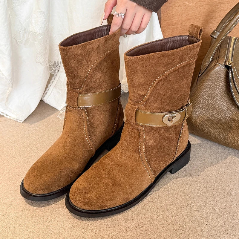 Novelty Heart Belt Buckle Embellished Ankle Boots