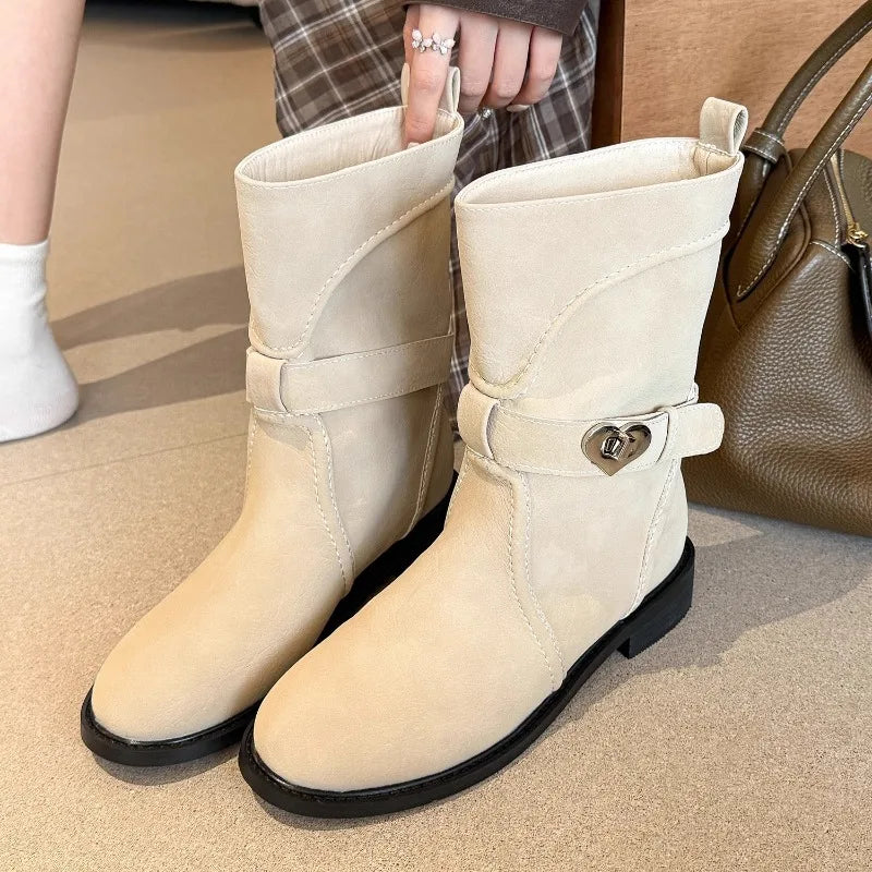 Novelty Heart Belt Buckle Embellished Ankle Boots
