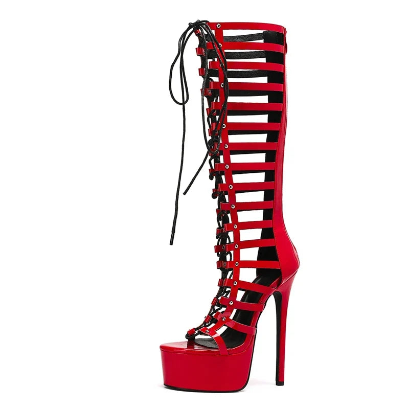 Novelty Hollow Cross Strap Knee High Boots