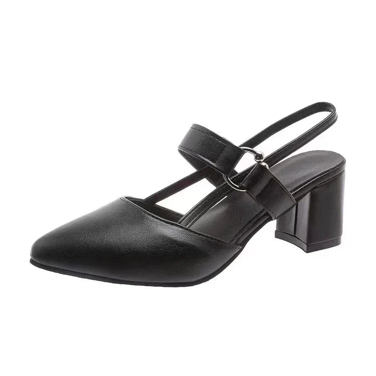 thick heel pointed toe buckle high heel sandals