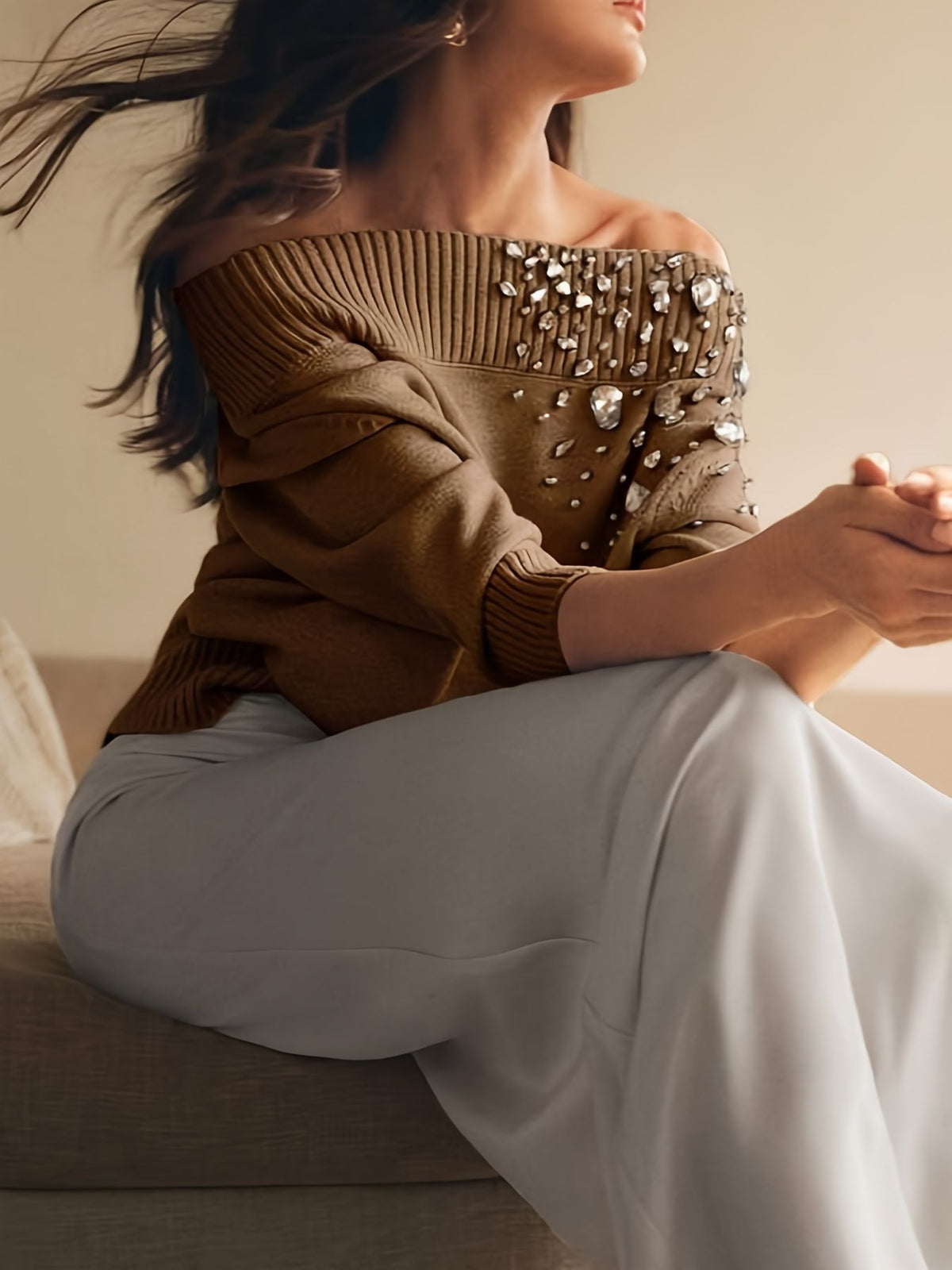 Rhinestone-Embellished Off-Shoulder Sweater