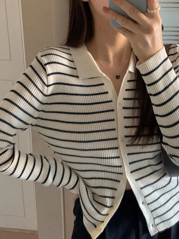 Metal Button Striped Collared Cardigan